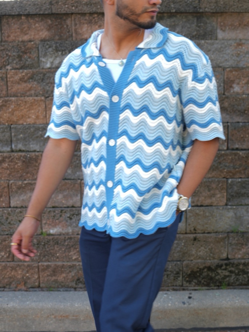 YITAI Blue & White Wavy Crochet Cardigan